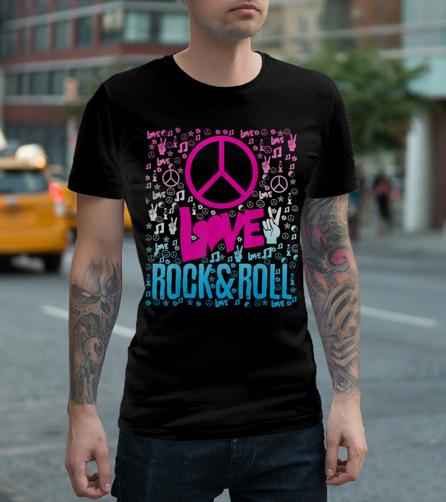 Peace Love Rock and Roll Music Icons and Hippie Symbols T-Shirt