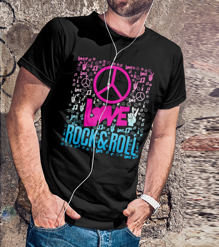 Peace Love Rock And Roll Music Icons And Hippie Symbols T-Shirt