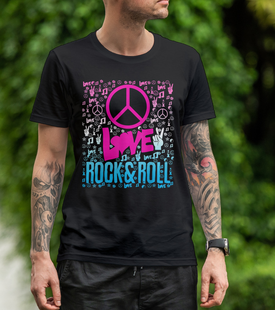 Peace Love Rock And Roll Music Icons And Hippie Symbols T-Shirt