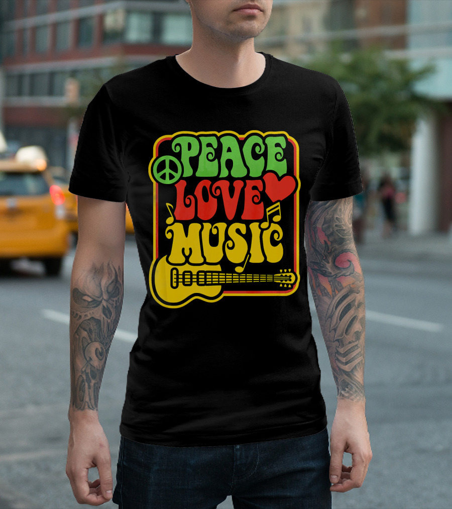 PEACE LOVE MUSIC Rock And Roll Reggae Guitar T-Shirt