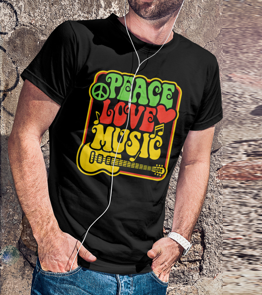 PEACE LOVE MUSIC Rock And Roll Reggae Guitar T-Shirt