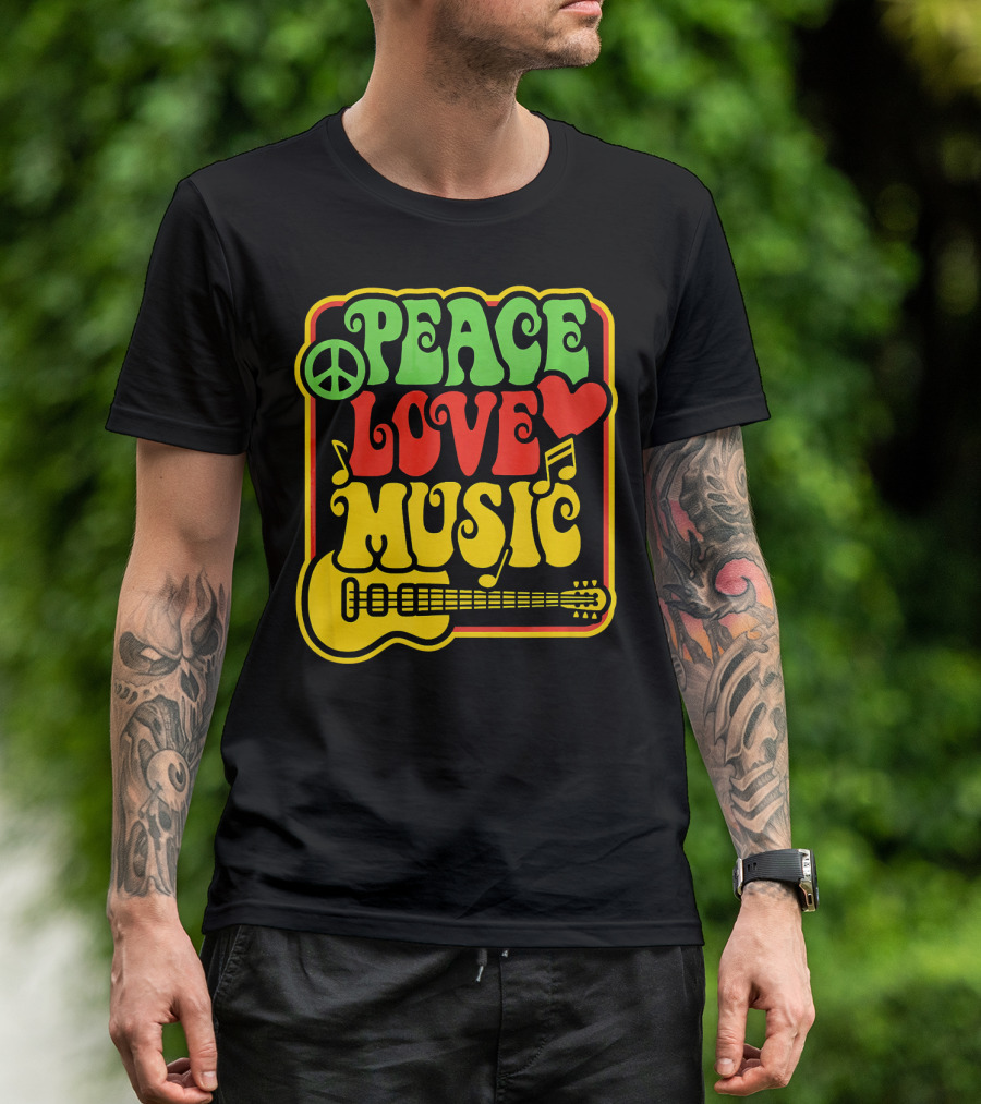 PEACE LOVE MUSIC Rock And Roll Reggae Guitar T-Shirt
