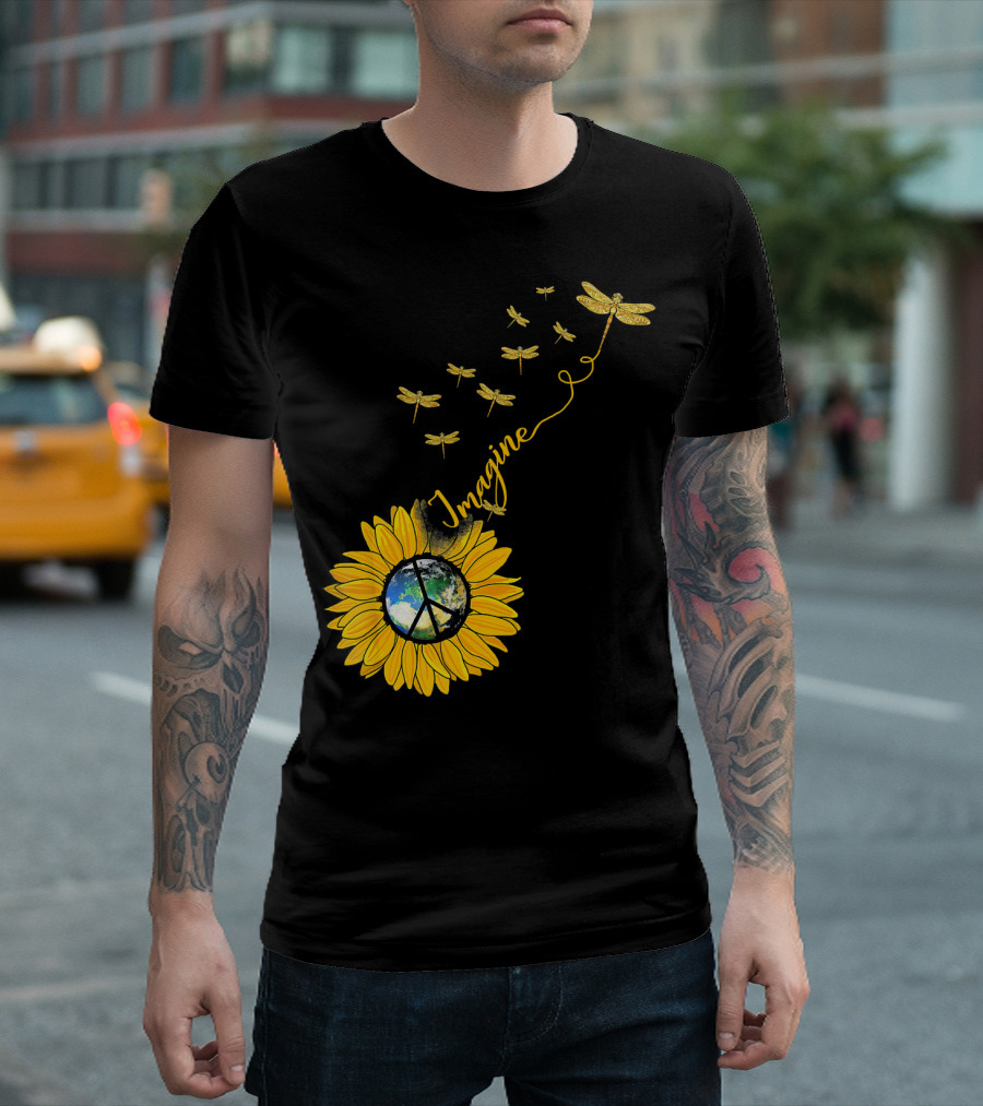 Imagine Peace Earth Sunflower Dragonflies T-Shirt