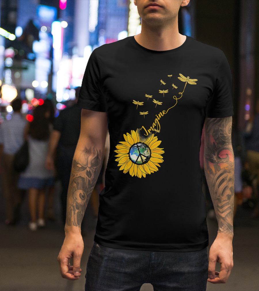 Imagine Peace Earth Sunflower Dragonflies T-Shirt