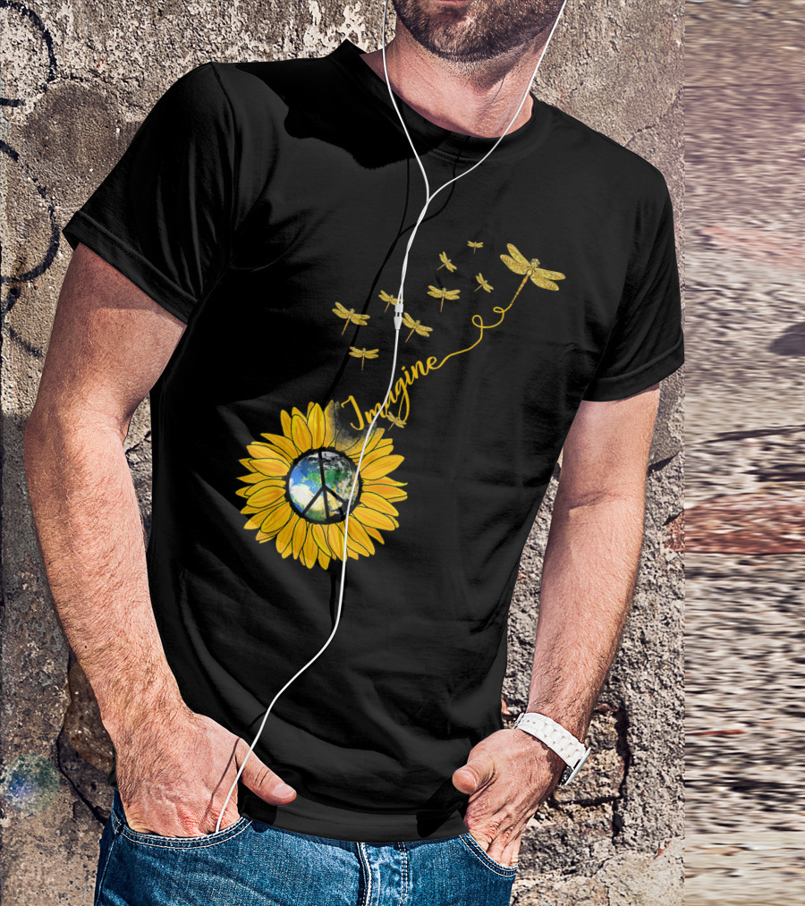 Imagine Peace Earth Sunflower Dragonflies T-Shirt
