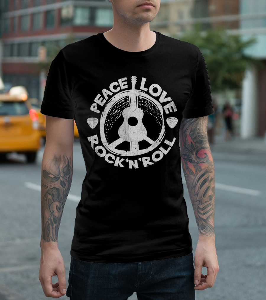 Peace Love Rock And Roll Retro Guitar T-Shirt