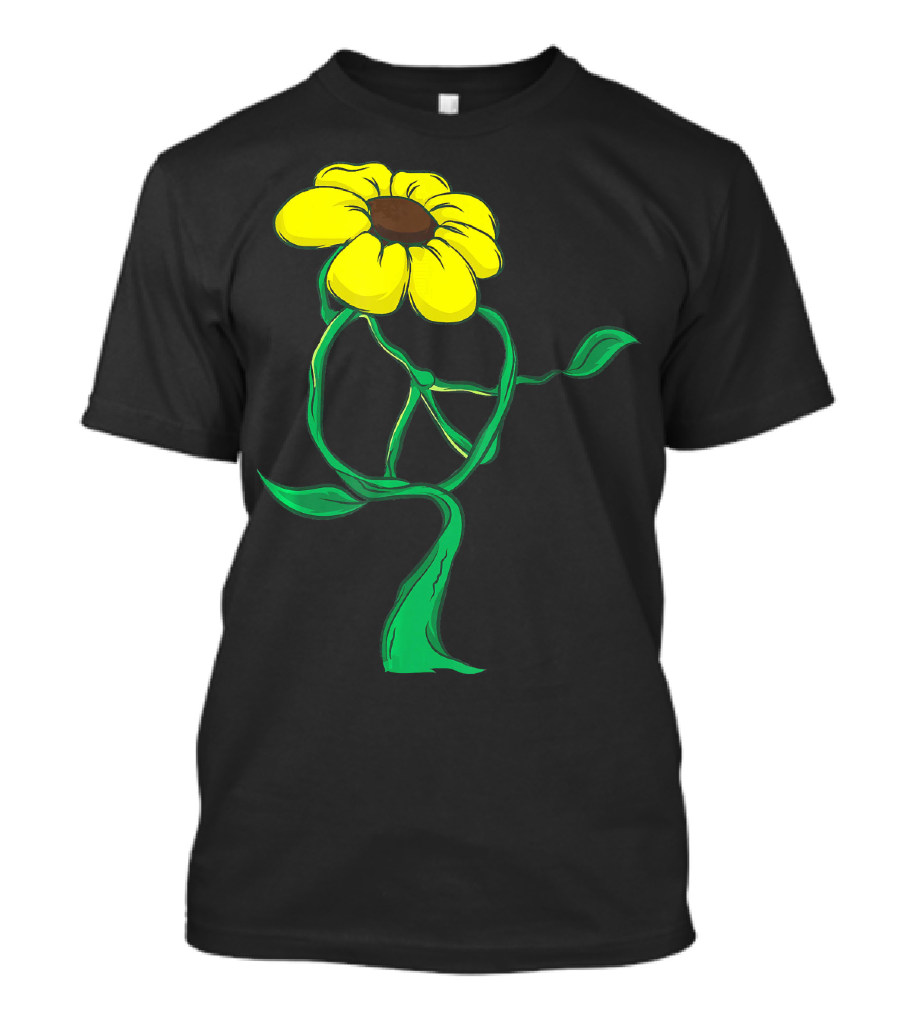 Hippie Yellow Flower Peace Sign Stem Green Leaves T-Shirt
