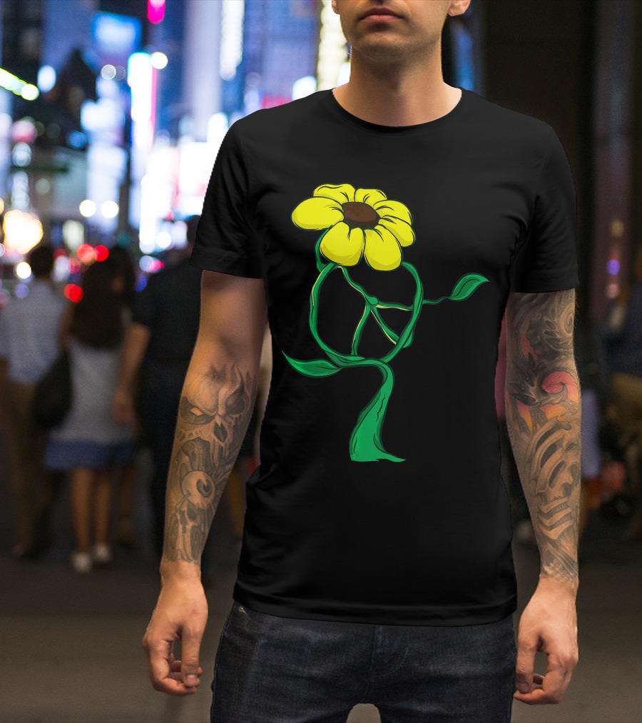 Hippie Yellow Flower Peace Sign Stem Green Leaves T-Shirt