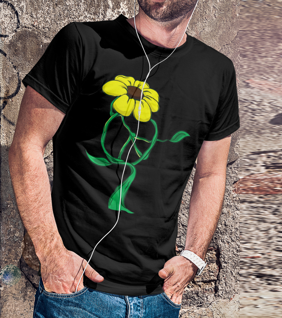 Hippie Yellow Flower Peace Sign Stem Green Leaves T-Shirt