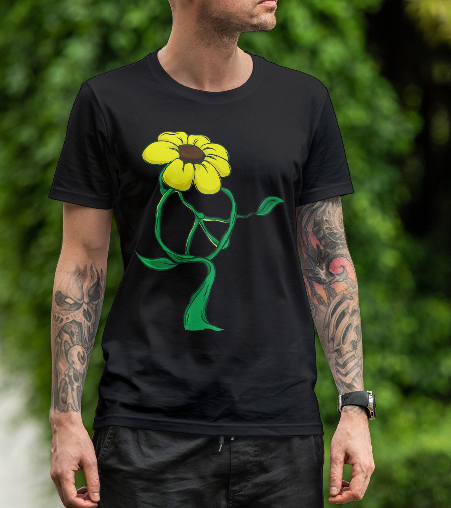 Hippie Yellow Flower Peace Sign Stem Green Leaves T-Shirt