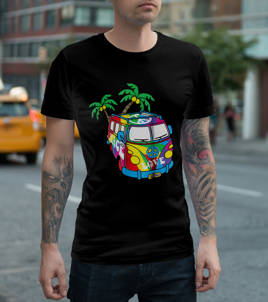 Peace Love Symbol Groovy Retro 60s Hippie Van Palm Trees Psychedelic T-Shirt