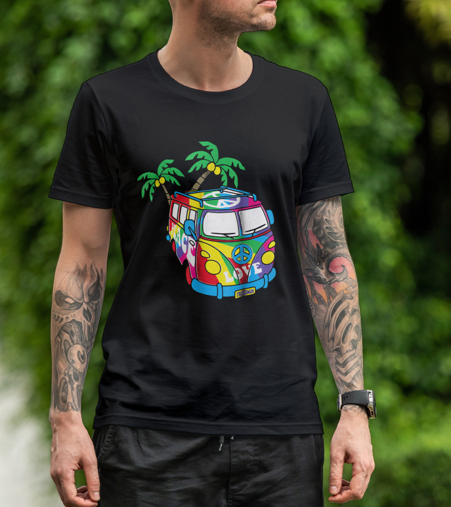 Peace Love Symbol Groovy Retro 60s Hippie Van Palm Trees Psychedelic T-Shirt