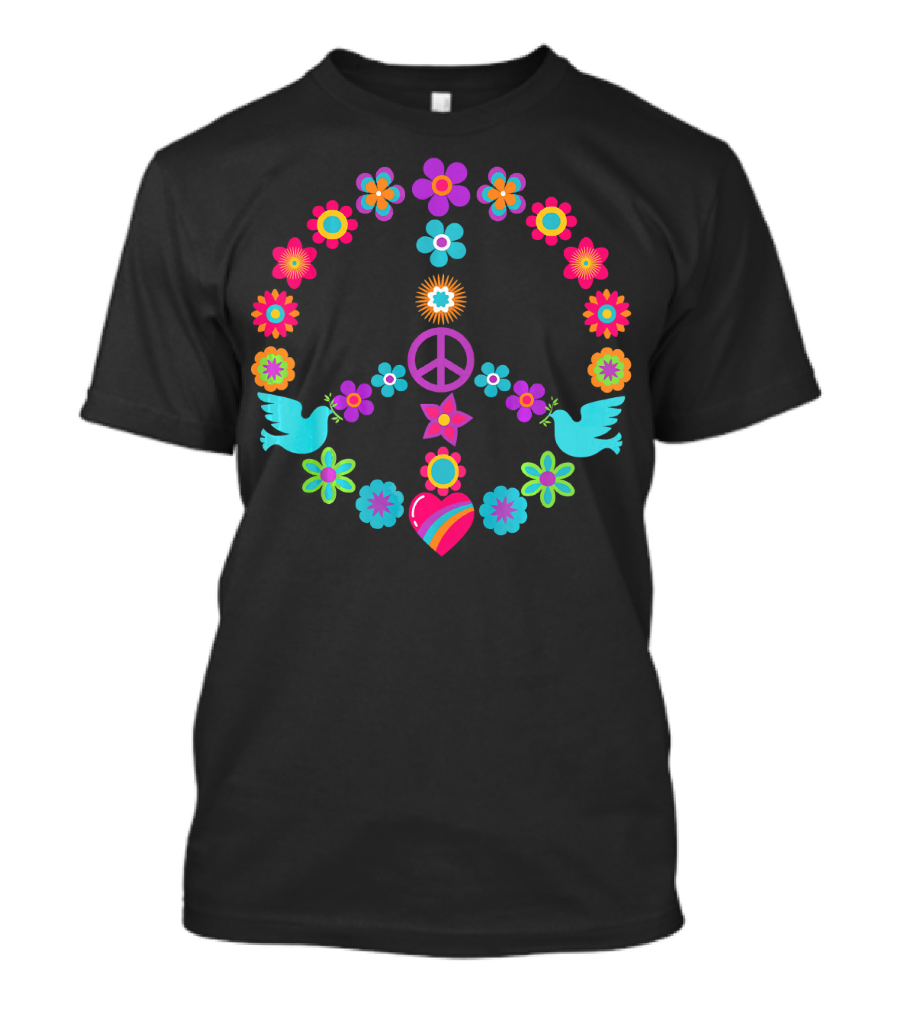 Peace Sign Floral Dove Heart 60s 70s Flower Power T-Shirt