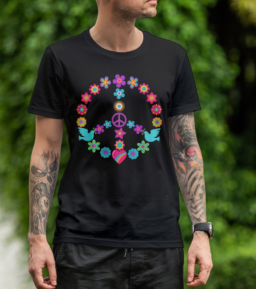Peace Sign Floral Dove Heart 60s 70s Flower Power T-Shirt