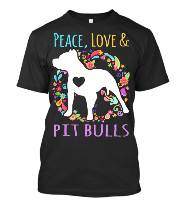 Peace Love And Pit Bulls Colorful Floral Heart Dog T-Shirt