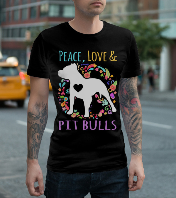 Peace Love And Pit Bulls Colorful Floral Heart Dog T-Shirt