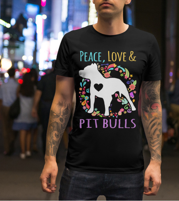 Peace Love And Pit Bulls Colorful Floral Heart Dog T-Shirt