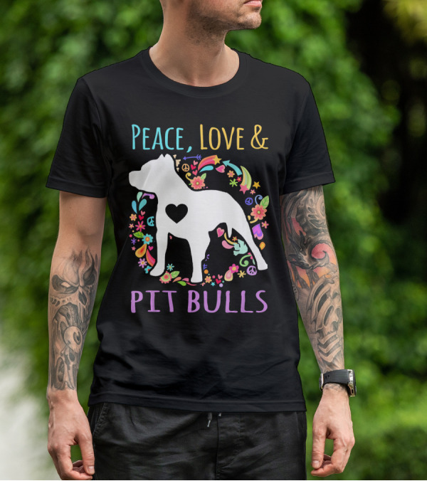 Peace Love And Pit Bulls Colorful Floral Heart Dog T-Shirt