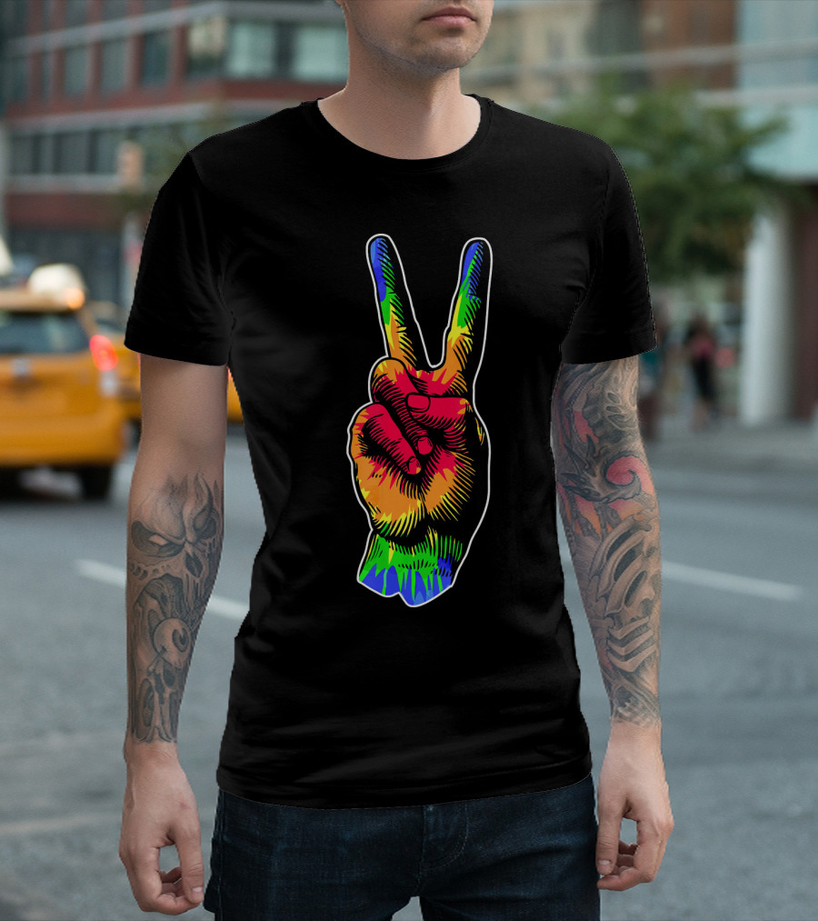 Tye Dye Peace Sign Rainbow Hand Gesture T-Shirt