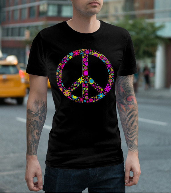Vintage Floral Peace Sign Colorful Hippie Flowers T-Shirt
