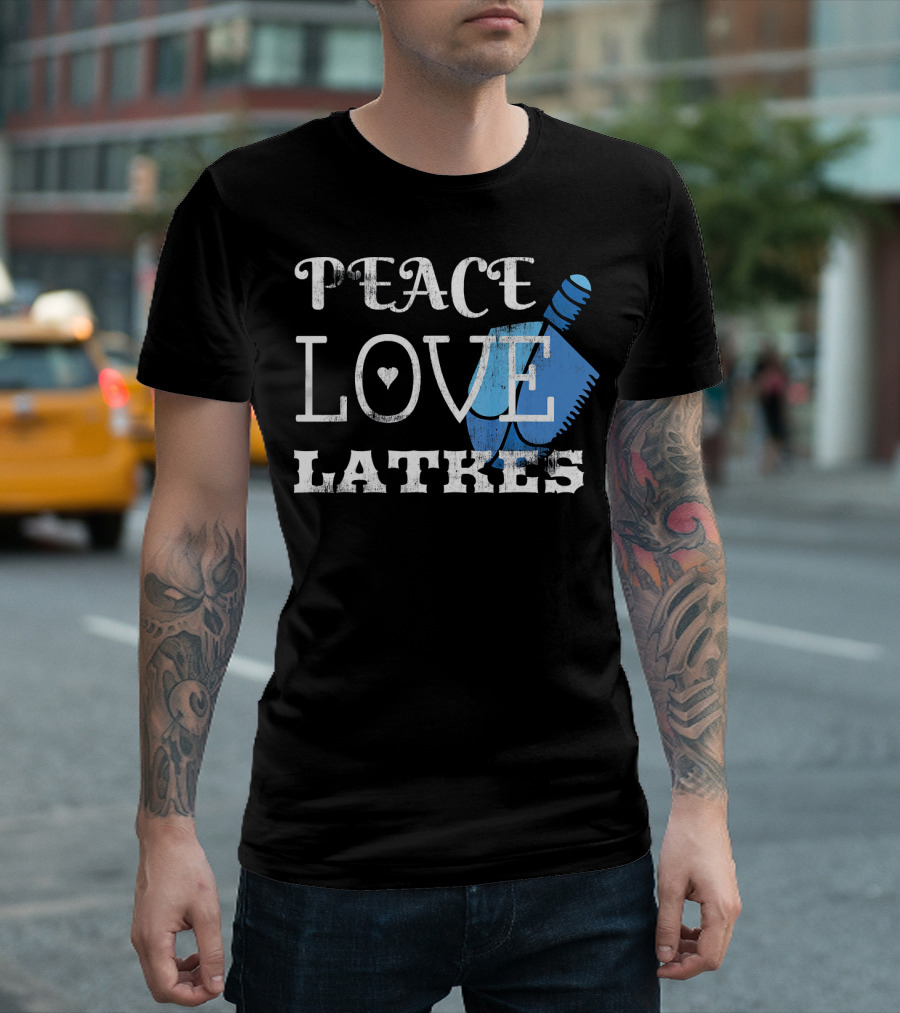 Peace Love Latkes Blue Dreidel T-Shirt