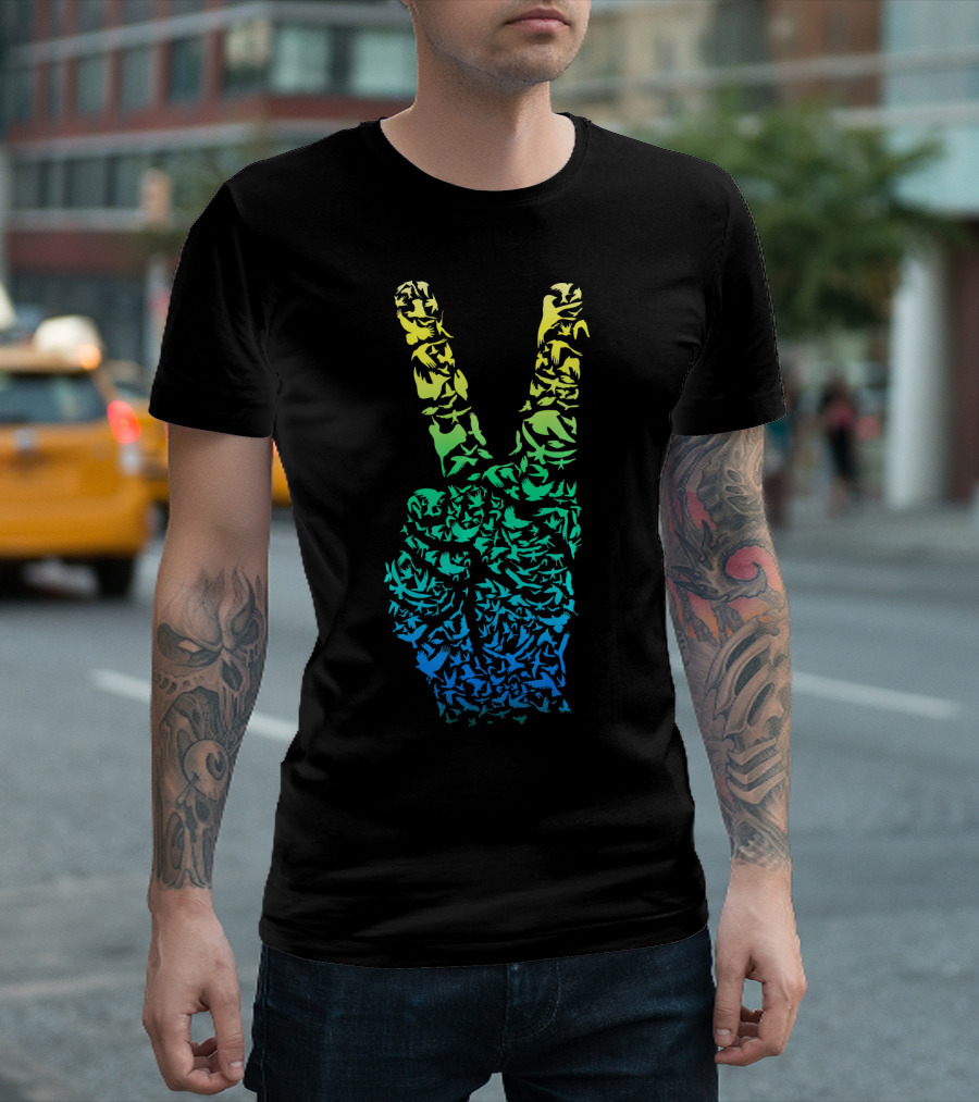 Colorful Birds Peace Hand Sign ASL Finger La T-Shirt