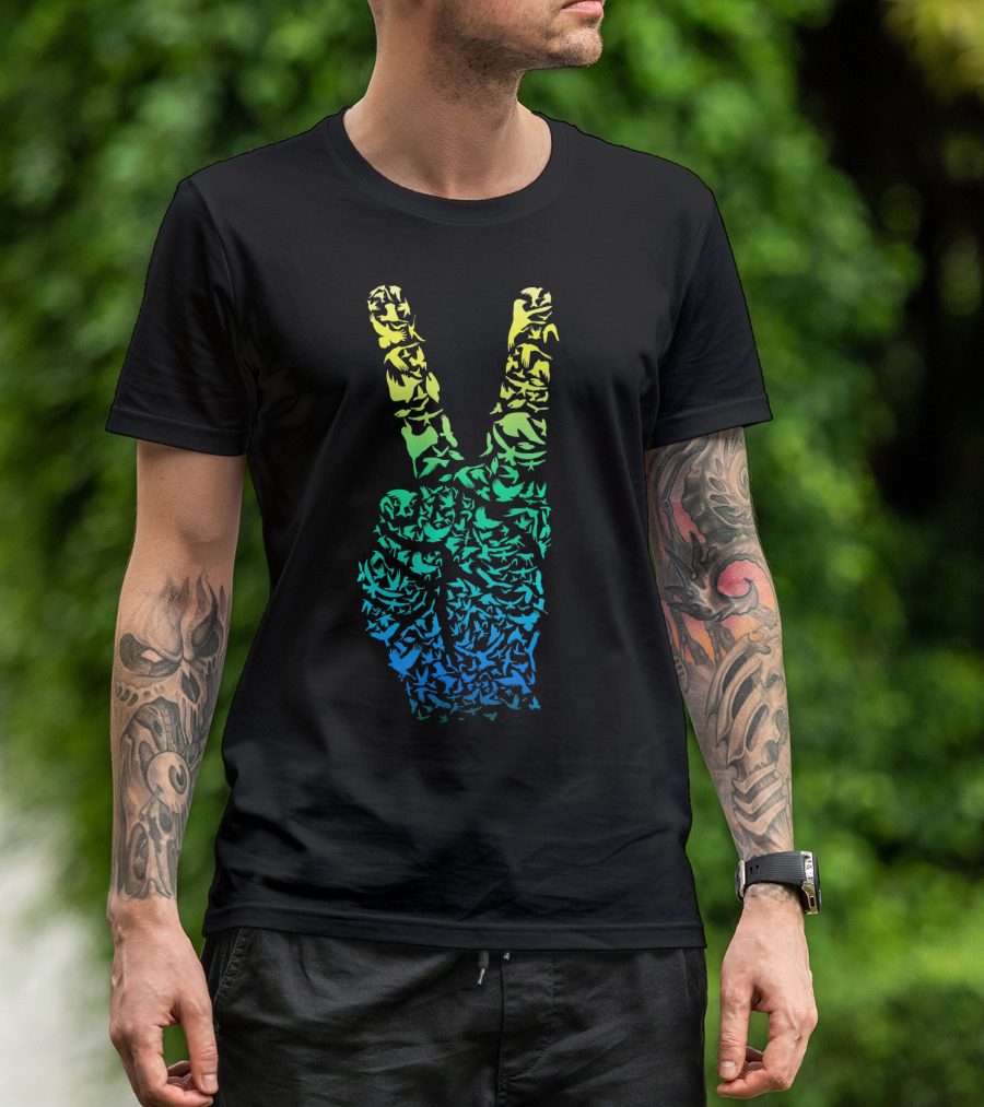 Colorful Birds Peace Hand Sign ASL Finger La T-Shirt