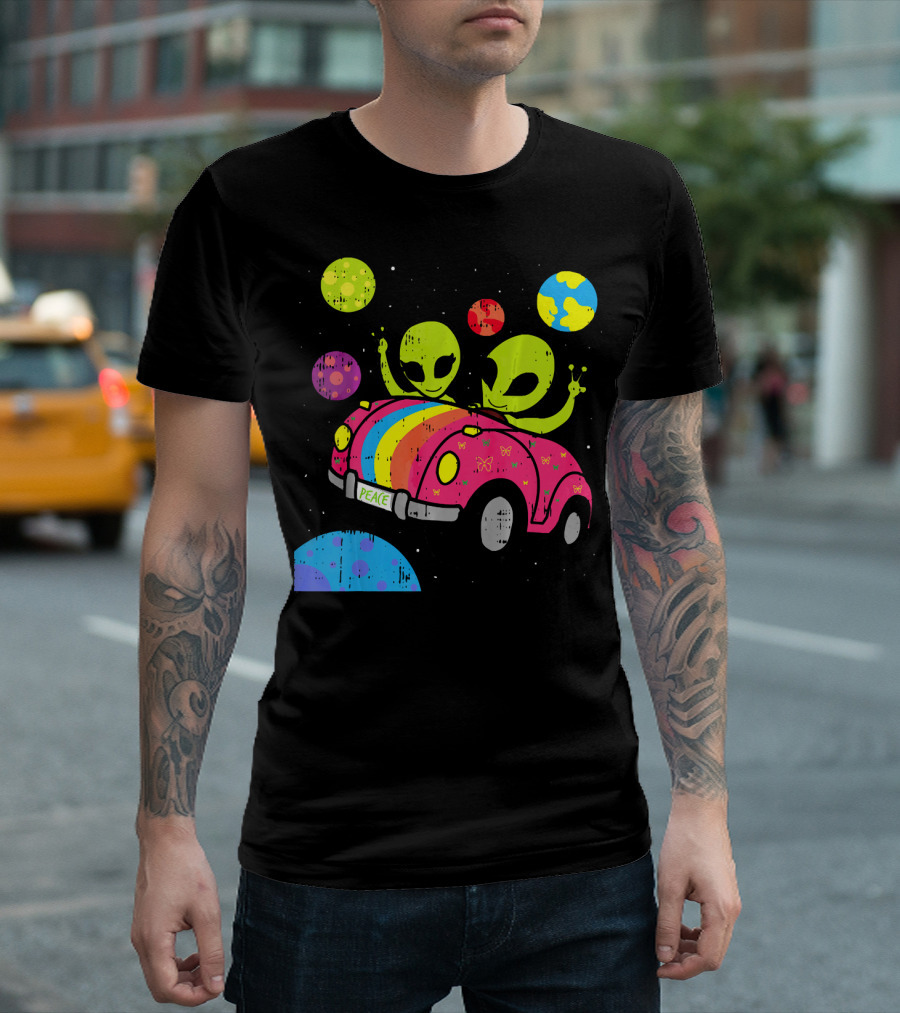 Hippie Alien Space Roadtrip With Peaceful Car And Colorful Planets T-Shirt