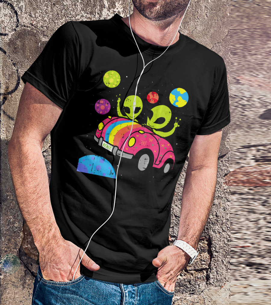 Hippie Alien Space Roadtrip With Peaceful Car And Colorful Planets T-Shirt