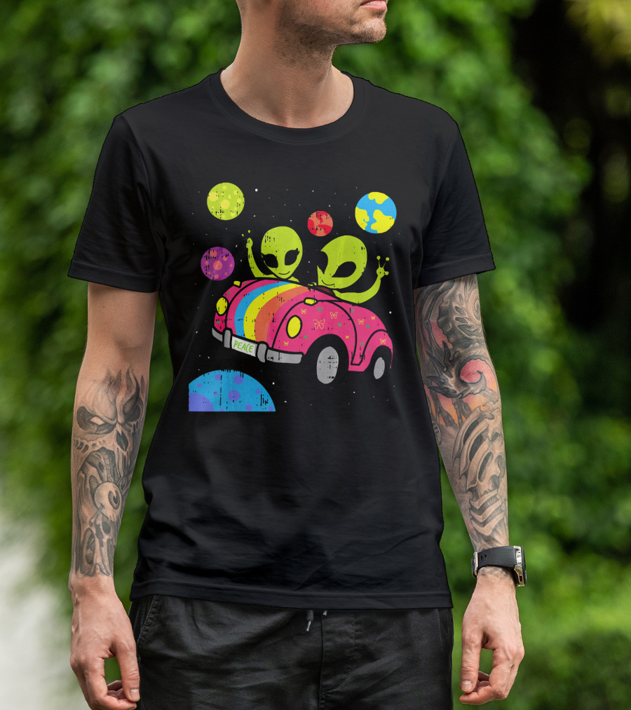 Hippie Alien Space Roadtrip With Peaceful Car And Colorful Planets T-Shirt