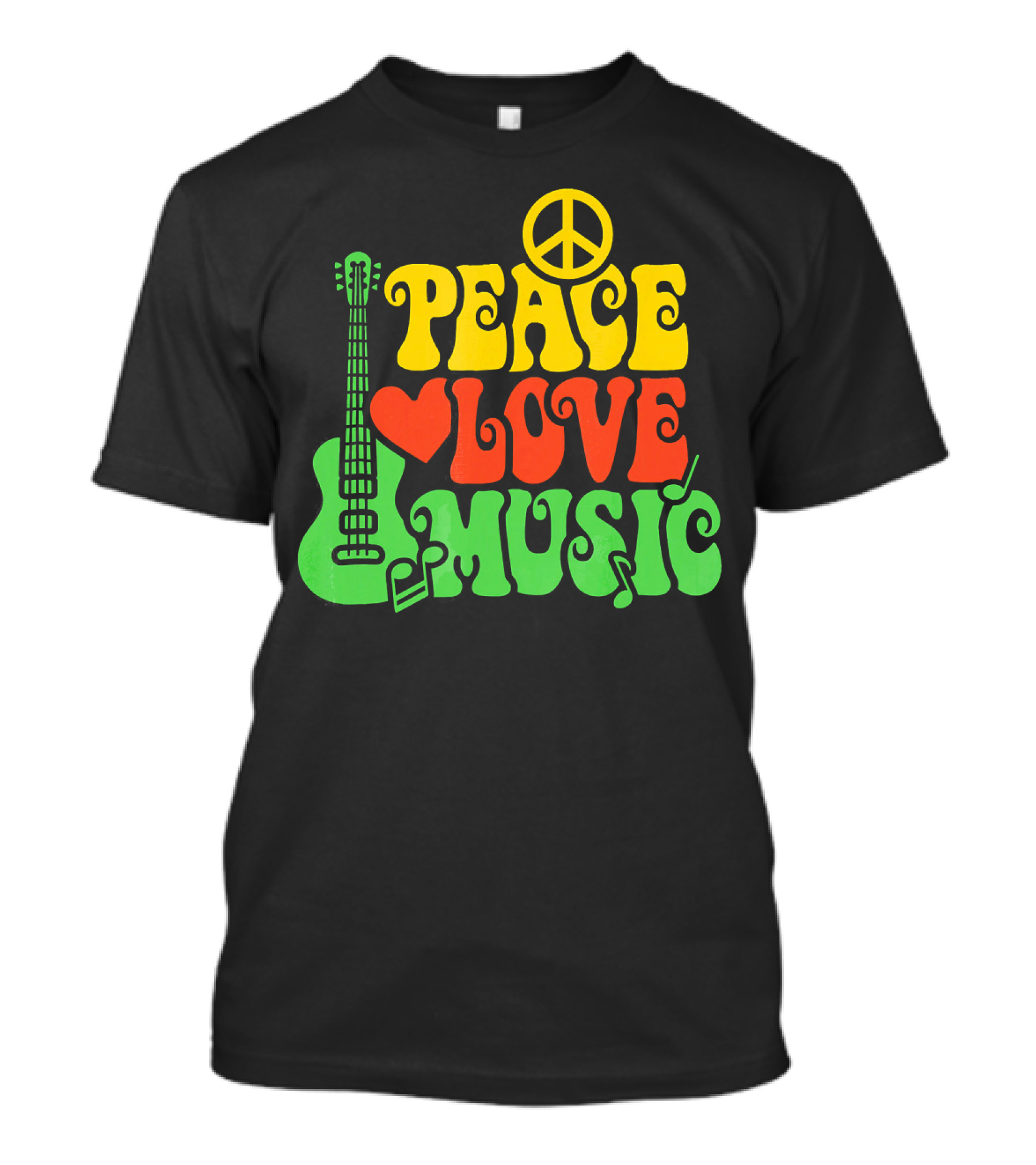 PEACE LOVE MUSIC Reggae Guitar Peace Symbol Heart Notes T-Shirt