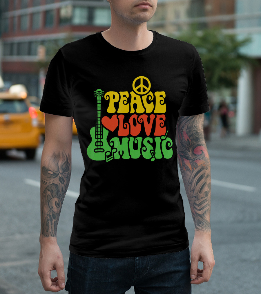PEACE LOVE MUSIC Reggae Guitar Peace Symbol Heart Notes T-Shirt