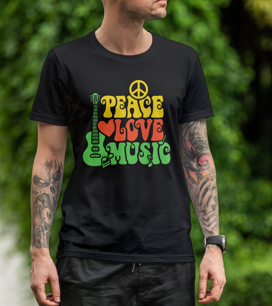 PEACE LOVE MUSIC Reggae Guitar Peace Symbol Heart Notes T-Shirt