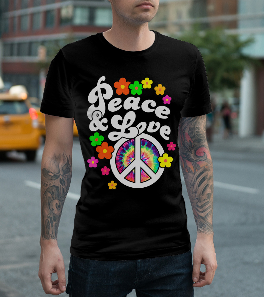 Peace And Love Hippie Sign With Colorful Flower T-Shirt