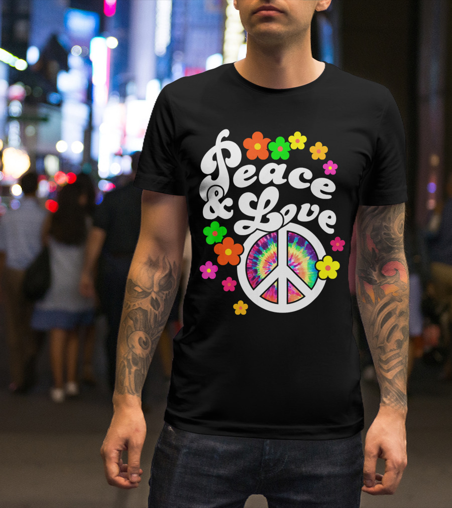 Peace And Love Hippie Sign With Colorful Flower T-Shirt