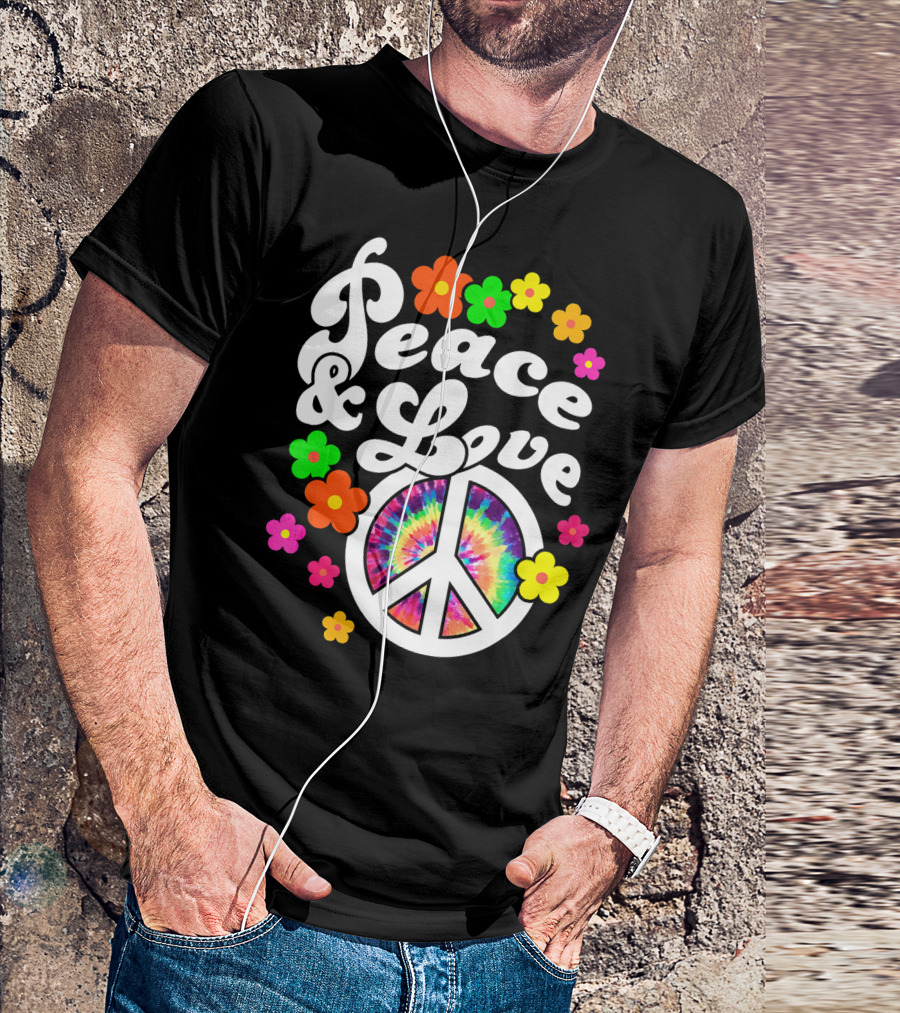 Peace And Love Hippie Sign With Colorful Flower T-Shirt