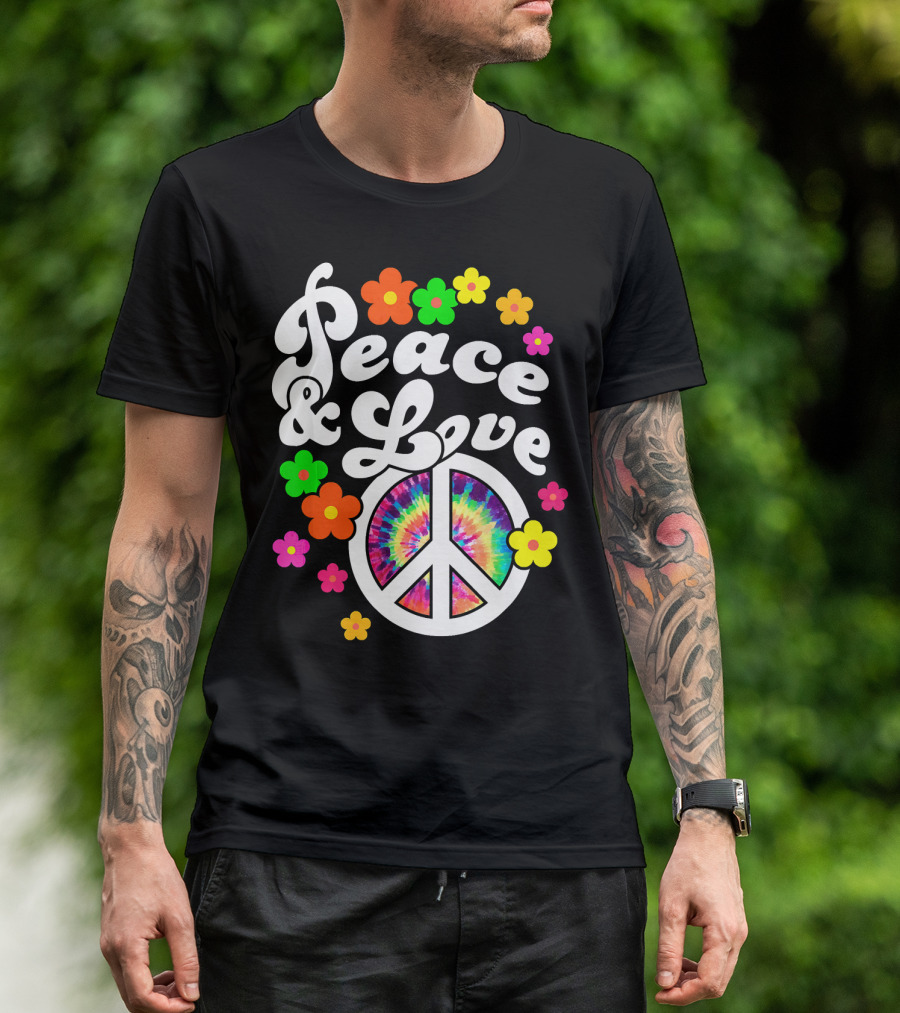 Peace And Love Hippie Sign With Colorful Flower T-Shirt