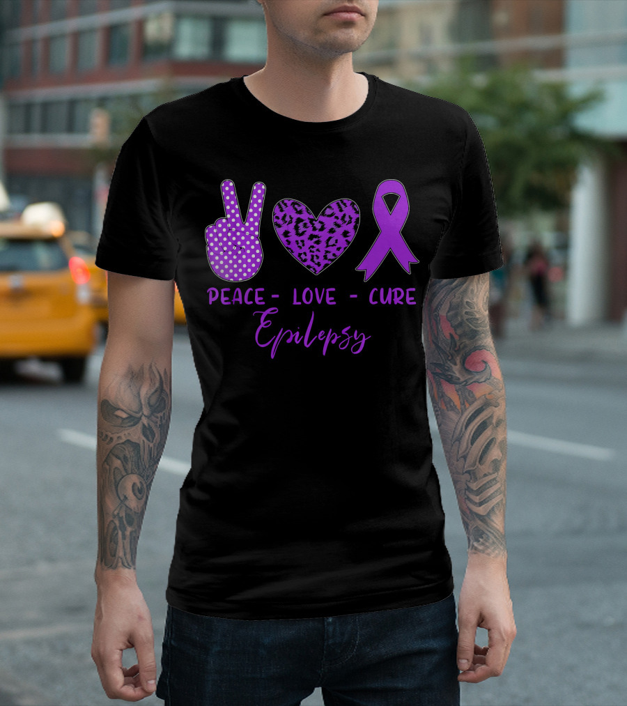 Peace Love Cure Epilepsy Purple Ribbon Polka Dot Leopard Print T-Shirt
