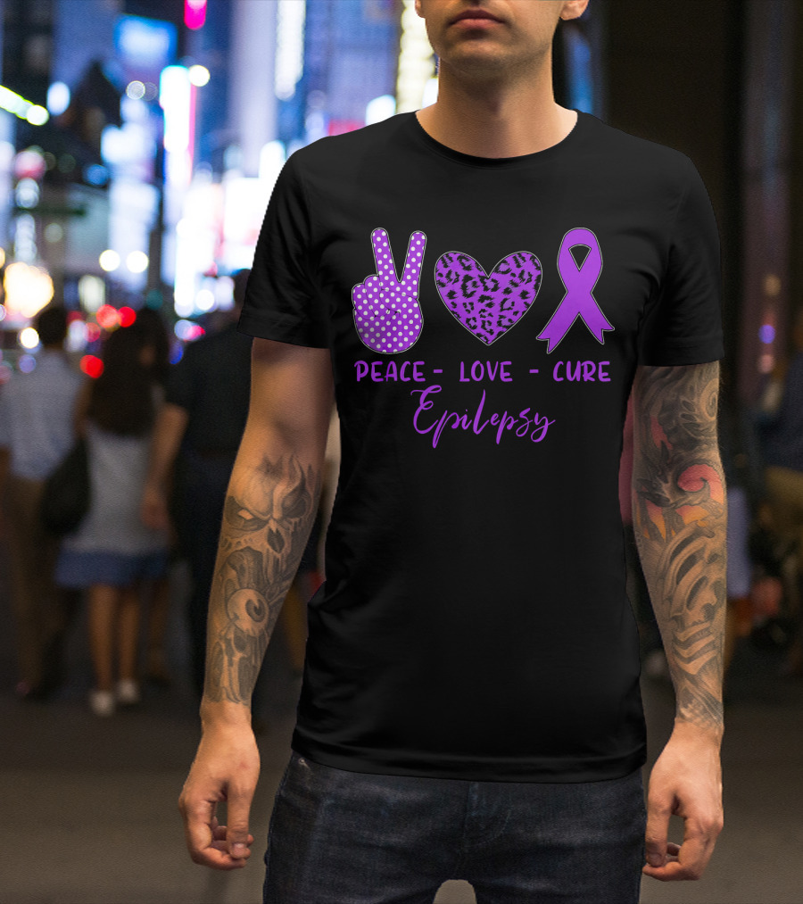 Peace Love Cure Epilepsy Purple Ribbon Polka Dot Leopard Print T-Shirt