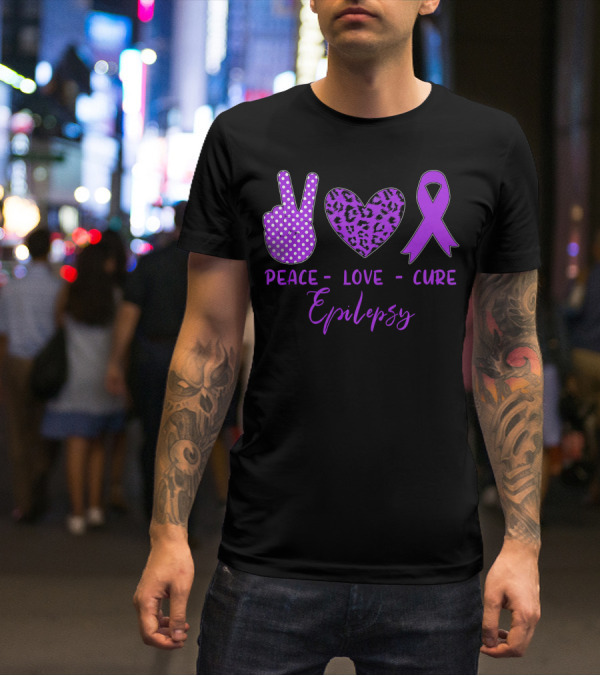 Peace Love Cure Epilepsy Purple Ribbon Polka Dot Leopard Print T-Shirt