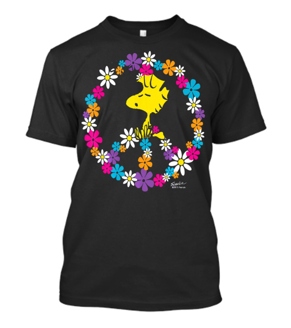 Peanuts Woodstock Surrounded By Peace Sign And Vibrant Floral T-Shirt