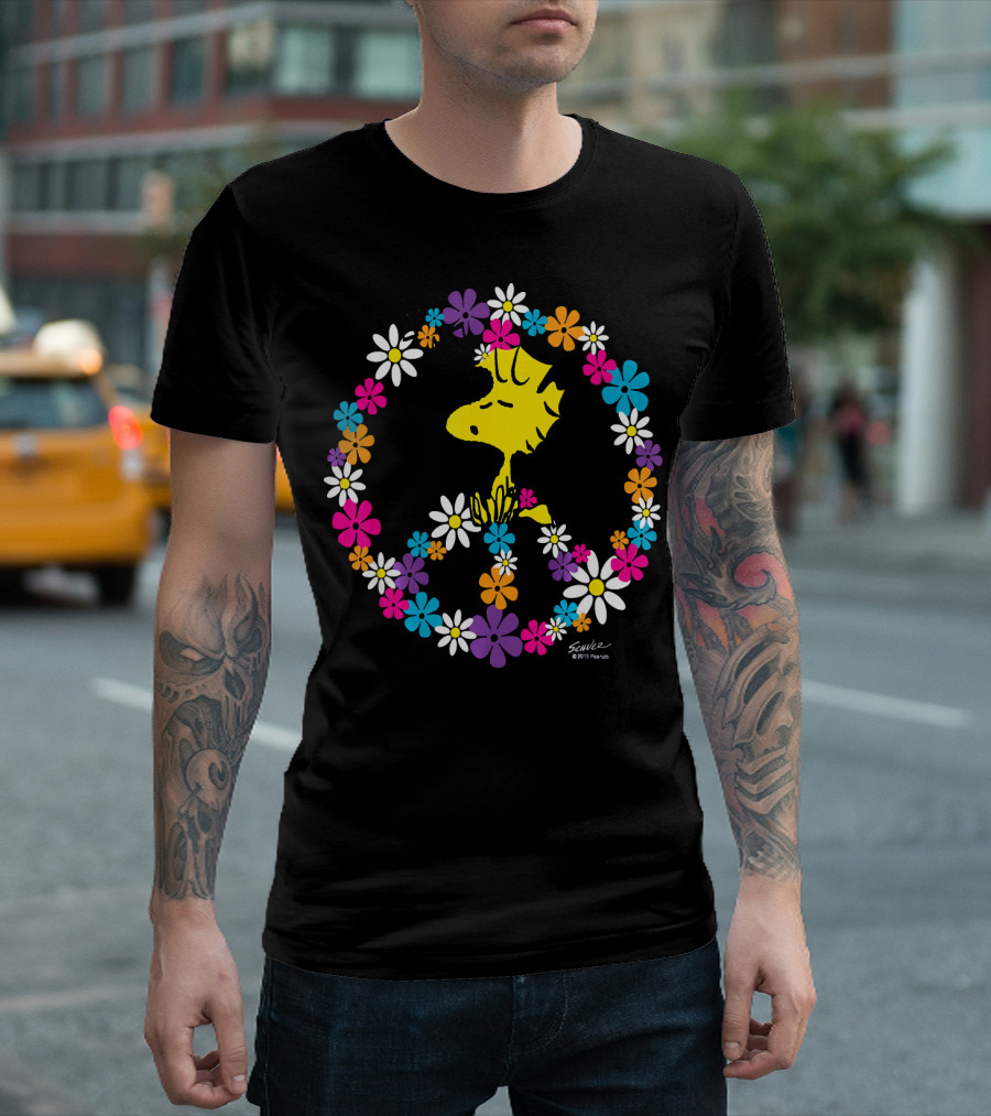 Peanuts Woodstock Surrounded By Peace Sign And Vibrant Floral T-Shirt