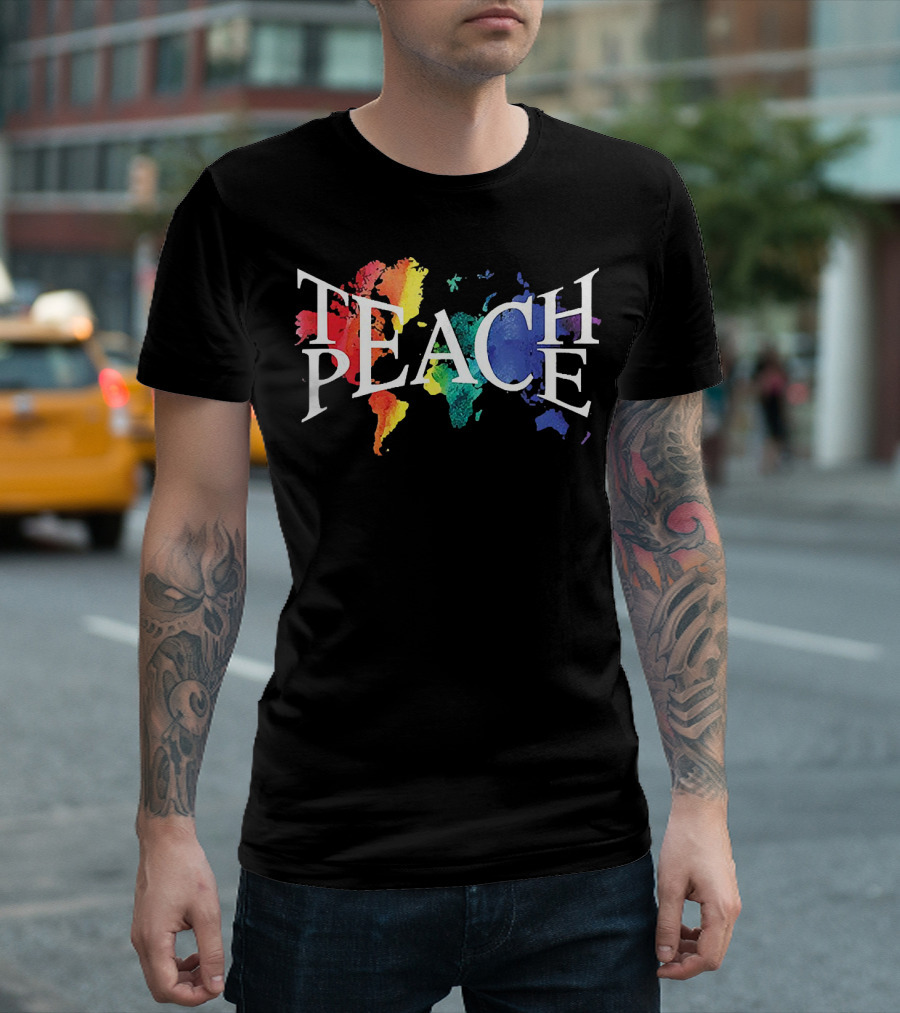 Teach Peace World Map Rainbow Colors T-Shirt
