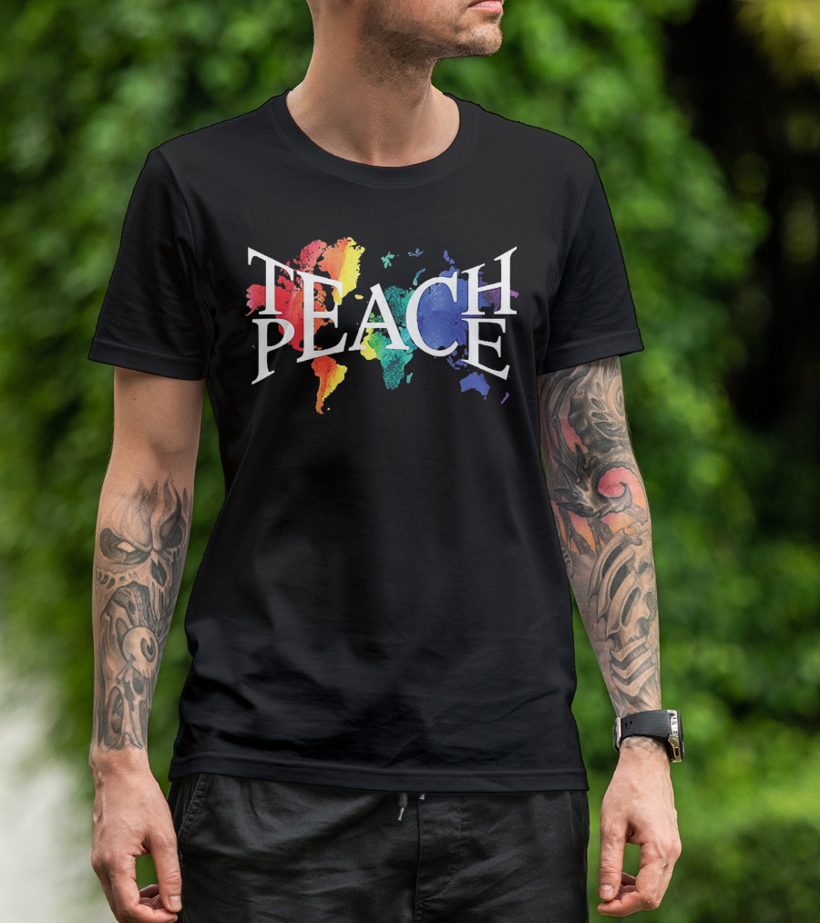 Teach Peace World Map Rainbow Colors T-Shirt