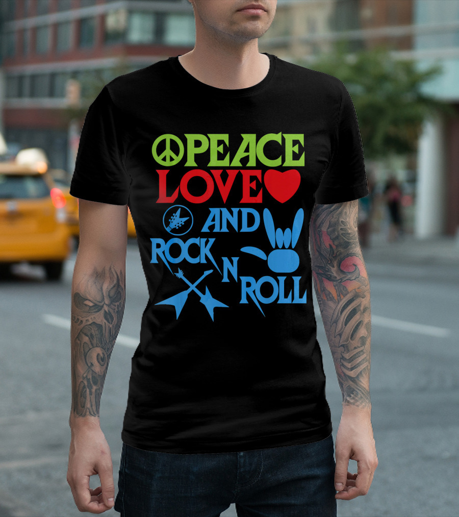 Peace Love Heart And Rock N Roll Peace Sign Guitar Hand Gesture T-Shirt