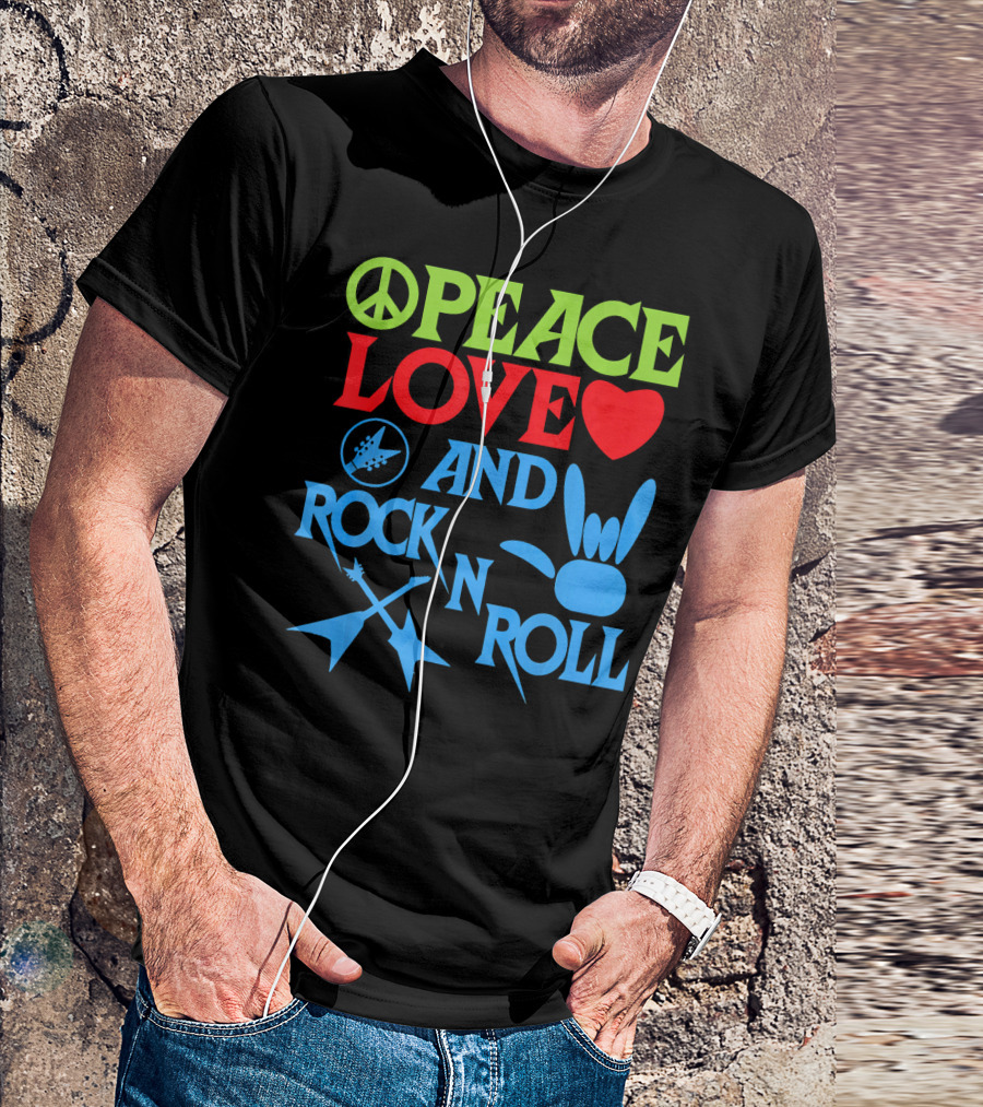 Peace Love Heart And Rock N Roll Peace Sign Guitar Hand Gesture T-Shirt