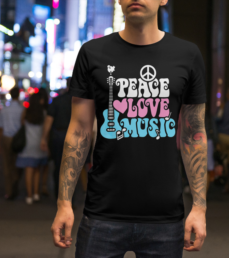 Peace Love Music Pastels With Guitar And Peace T-Shirt