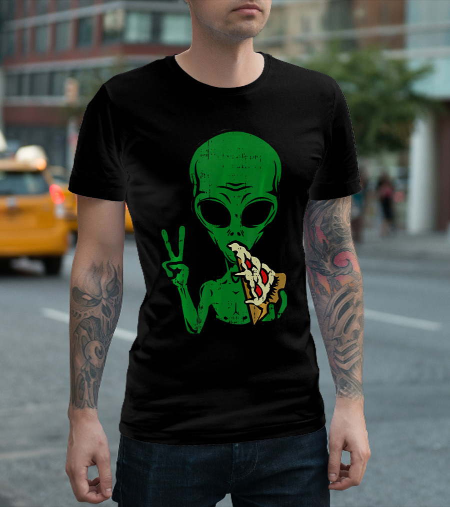Alien Pizza Eating Peace Funny Space Are T-Shirt