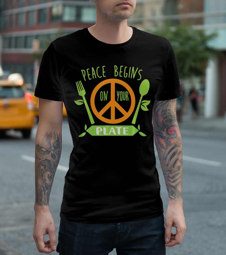 Peace Begins On Your Plate with Vegan Vegetar Symbols T-Shirt