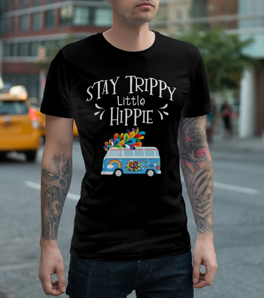 Stay Trippy Little Hippie Colorful Van With Peace And Rainbow Symbols T-Shirt